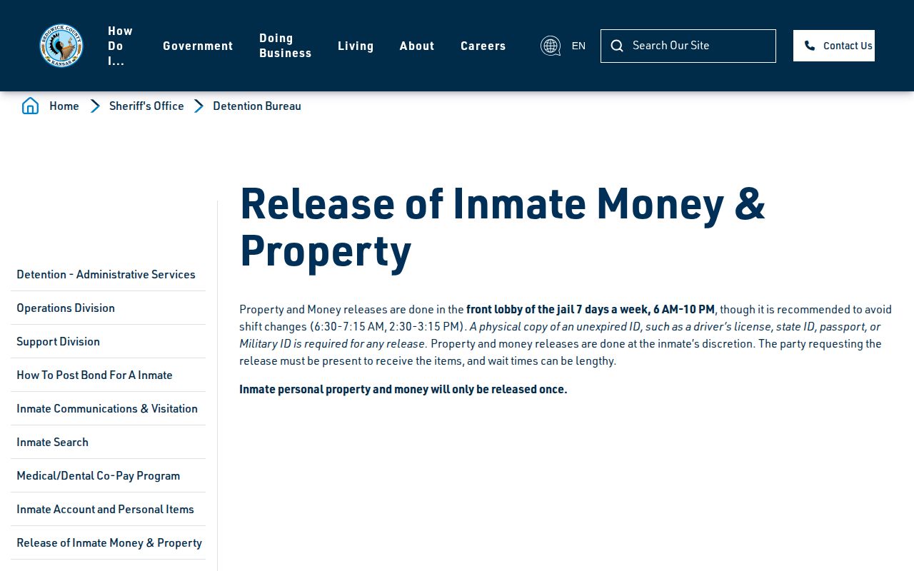 Sedgwick County jail property and money release hours and identification rules