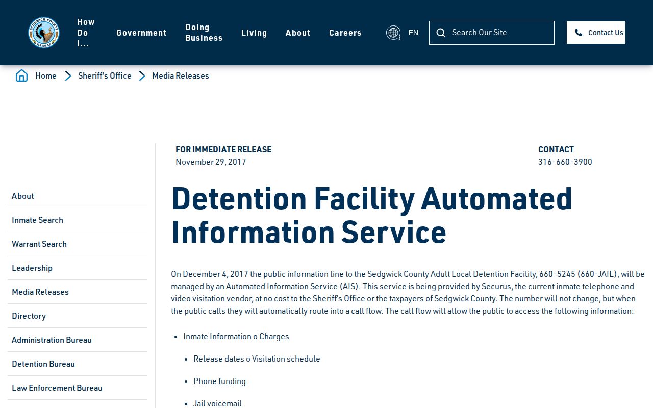 Sedgwick County released inmate telephone information service